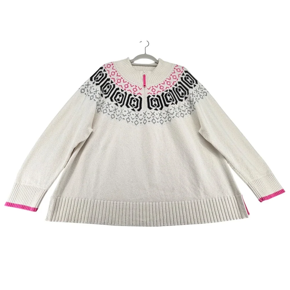 T by Talbots Fair Isle Quarter Zip Sweater Wool Cotton Blend Women Plus 3X Ivory